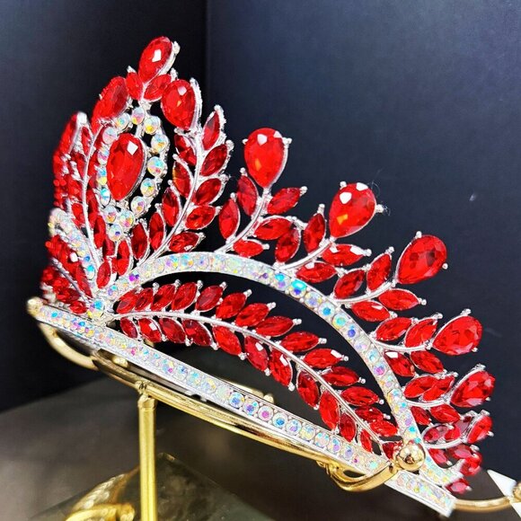 Red Crystal Crown, Quinceanera Crown, Silver Wedding Tiara, Bridal Headpiece main image 4